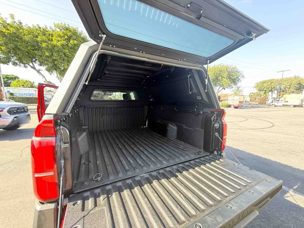 Toyota Tacoma 6ft Long Bed Camper Shell Tailgate and Back Open View